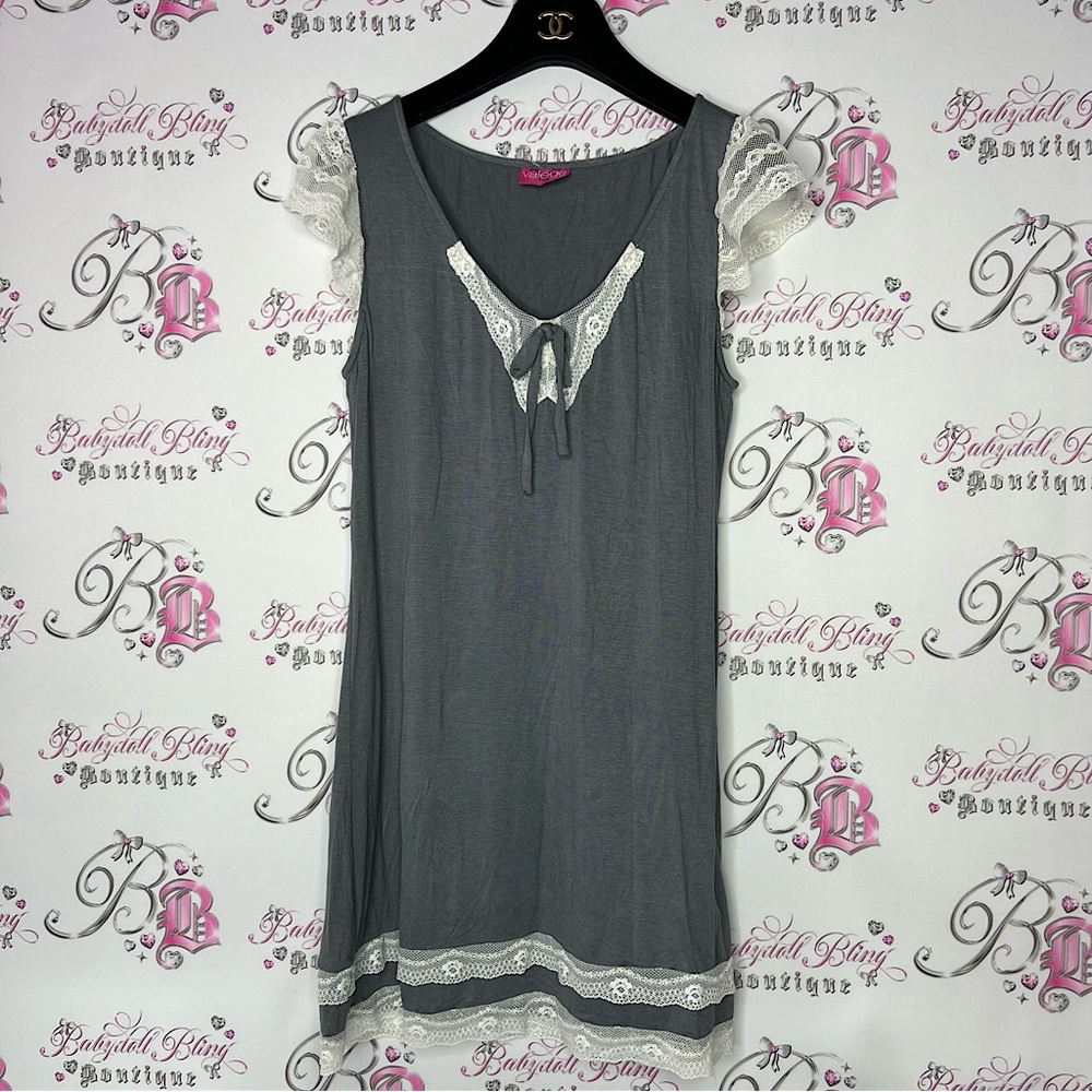 Valege dress grey white ruffle detail bow tie up lace ruffle frills cute y2k